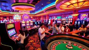 Vibrant casino scene with players and colorful gaming equipment.