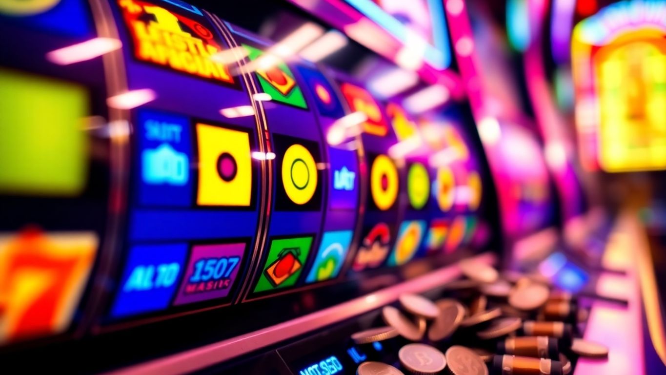 Bright slot machine with colorful reels and coins overflowing.