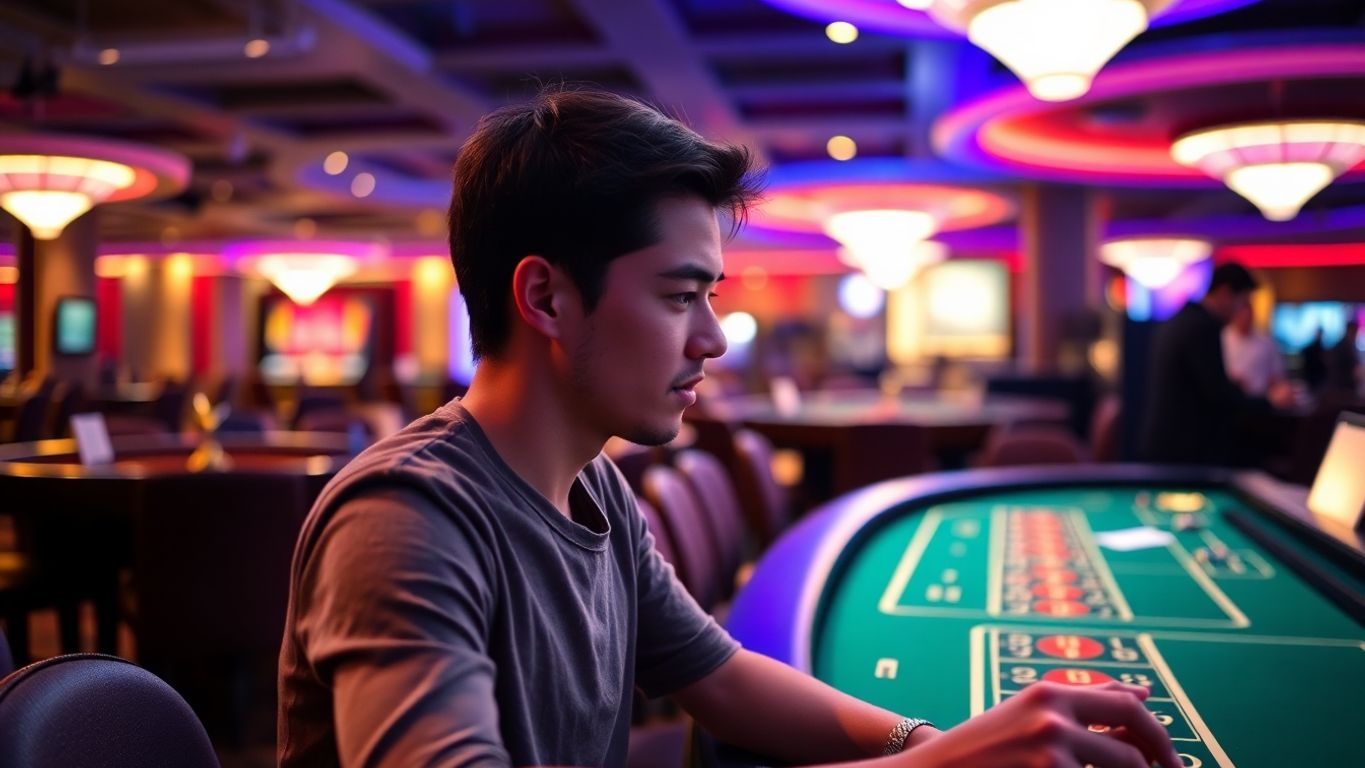 Person playing at a casino table with focused expression.