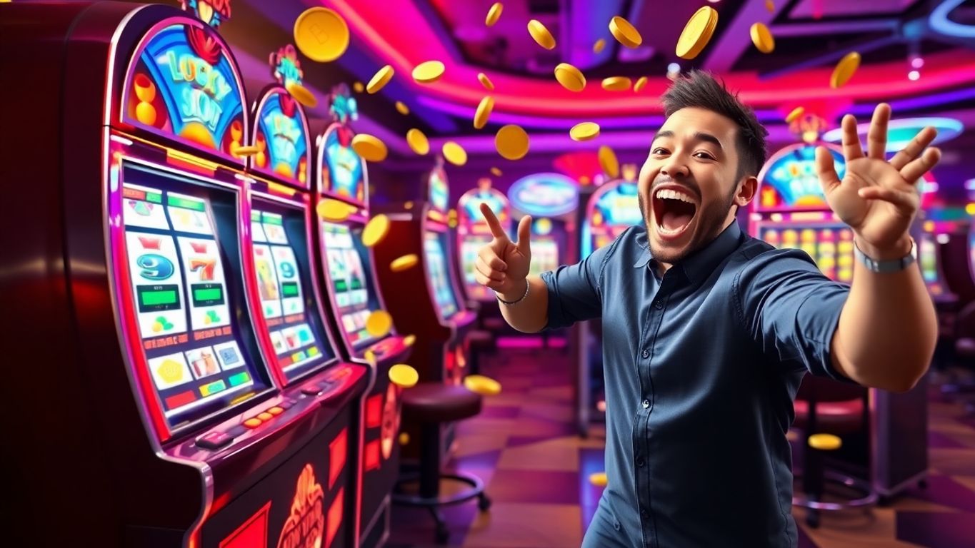 Colorful slot machines with coins and a happy winner.