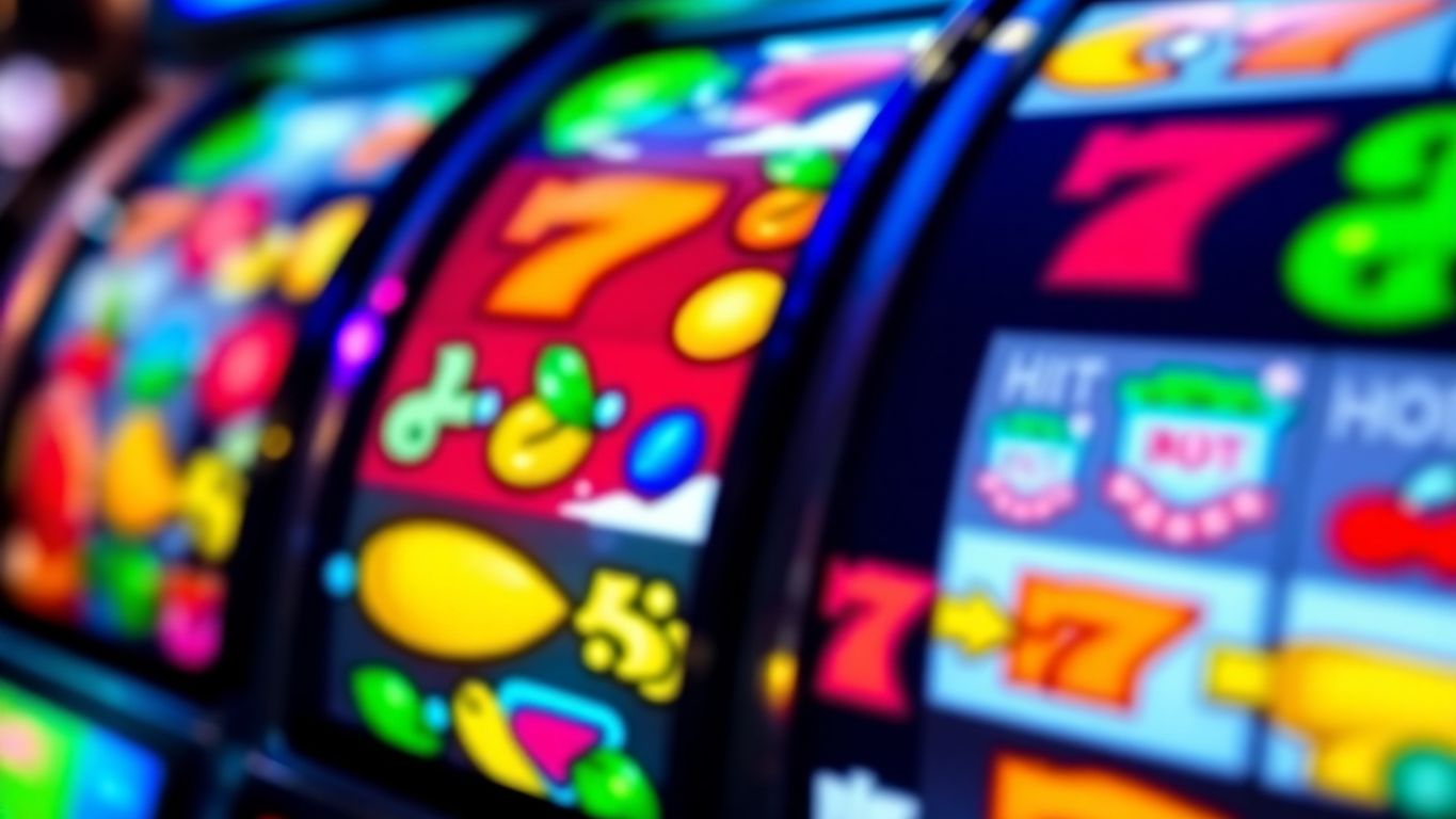 Colorful slot machine reels filled with fruits and symbols.