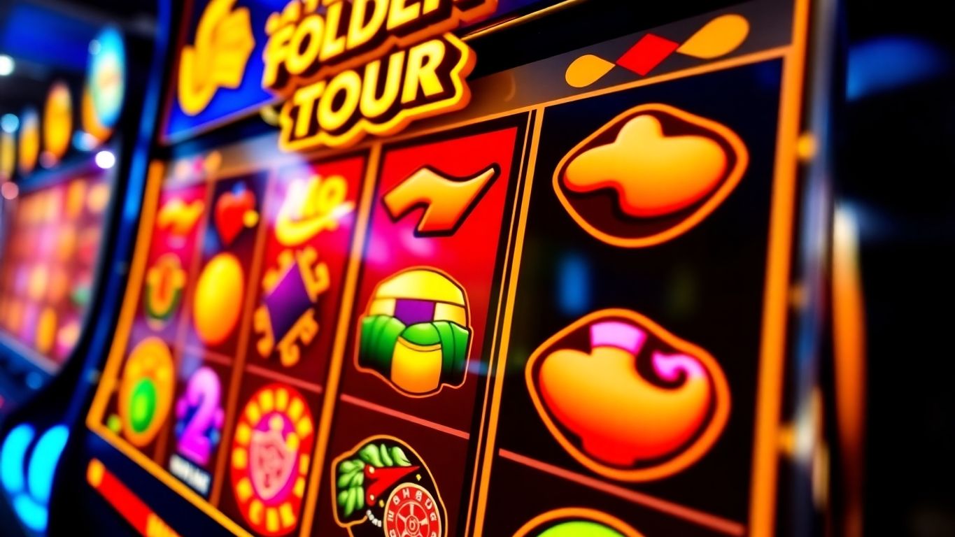 Close-up of Golden Tour Slot machine with colorful reels.