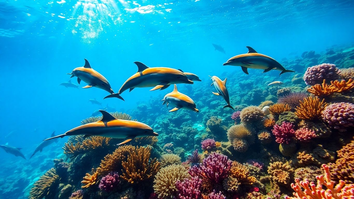 Colorful dolphins swimming in a clear ocean reef.