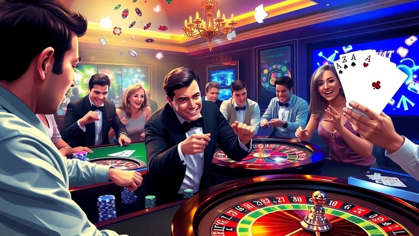 Players enjoying gambling games with cards and chips.