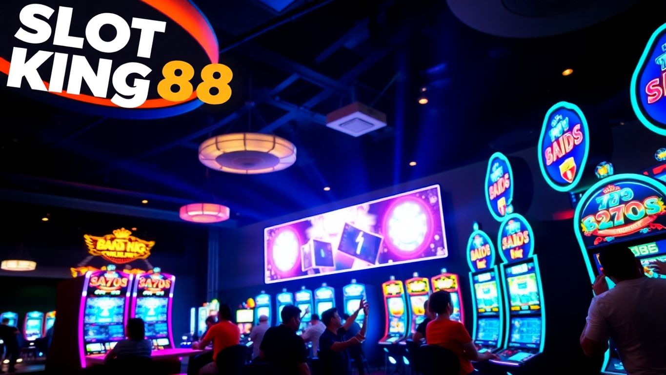 Colorful slot machines in a lively casino environment.