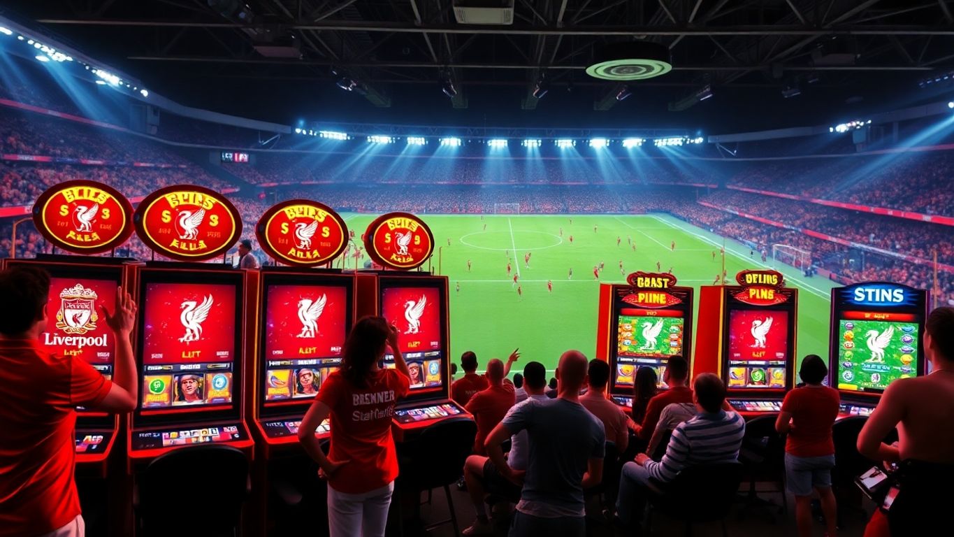 Liverpool slot game with football-themed machines and players.