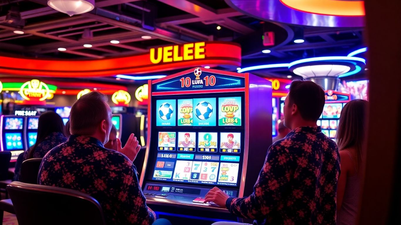 Excited players at a UEFA-themed slot machine in casino.