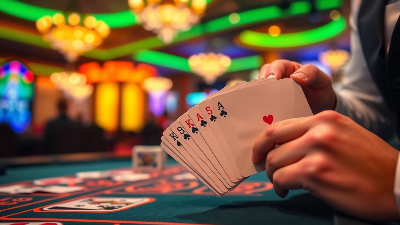 Dealer shuffling cards in a lively casino environment.