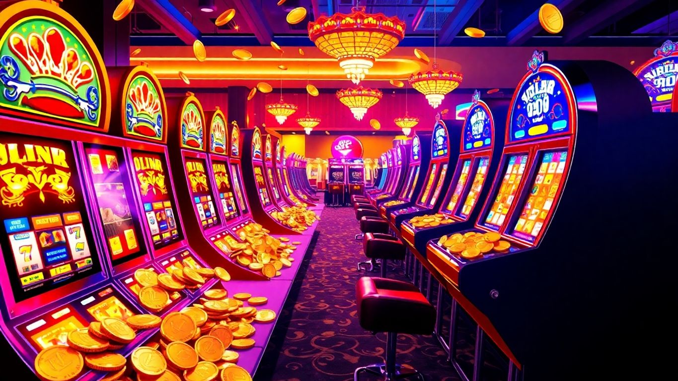 Colorful slot machines with coins in a lively casino.