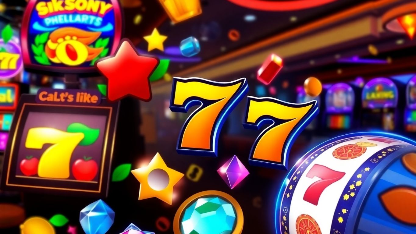 Colorful slot game symbols in a lively casino setting.