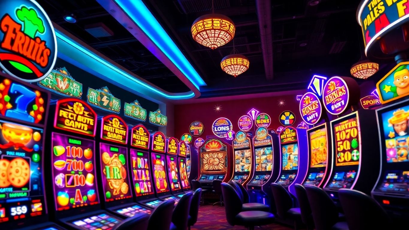 Colorful online casino slots with bright lights and themes.