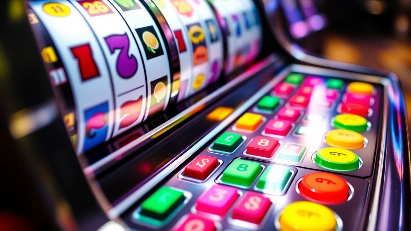 Close-up of a colorful slot machine with vibrant reels.