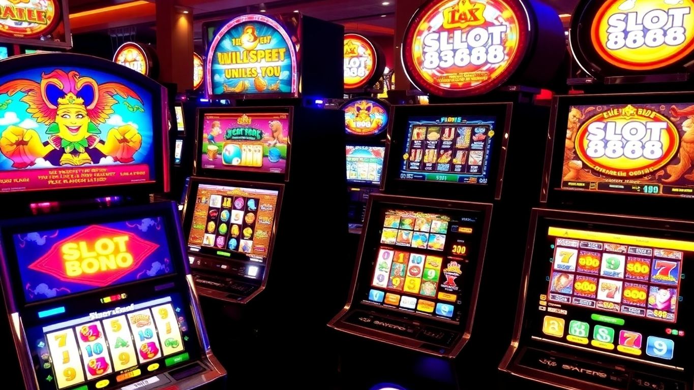 Colorful slot machines with spinning reels and bright lights.