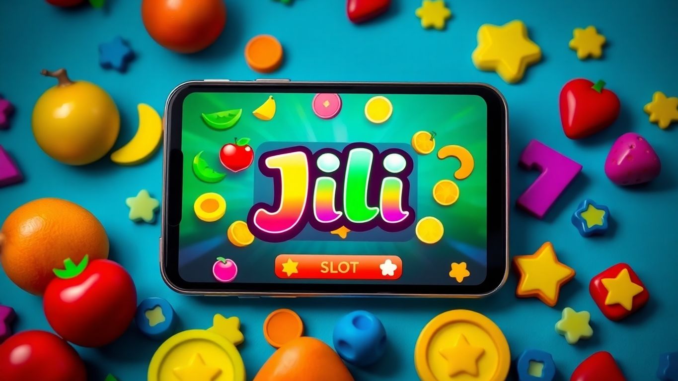 Mobile device with Jili Slot game and colorful icons.