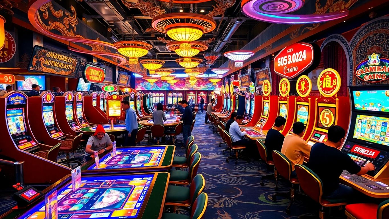 Vibrant online casino scene with players and gaming tables.