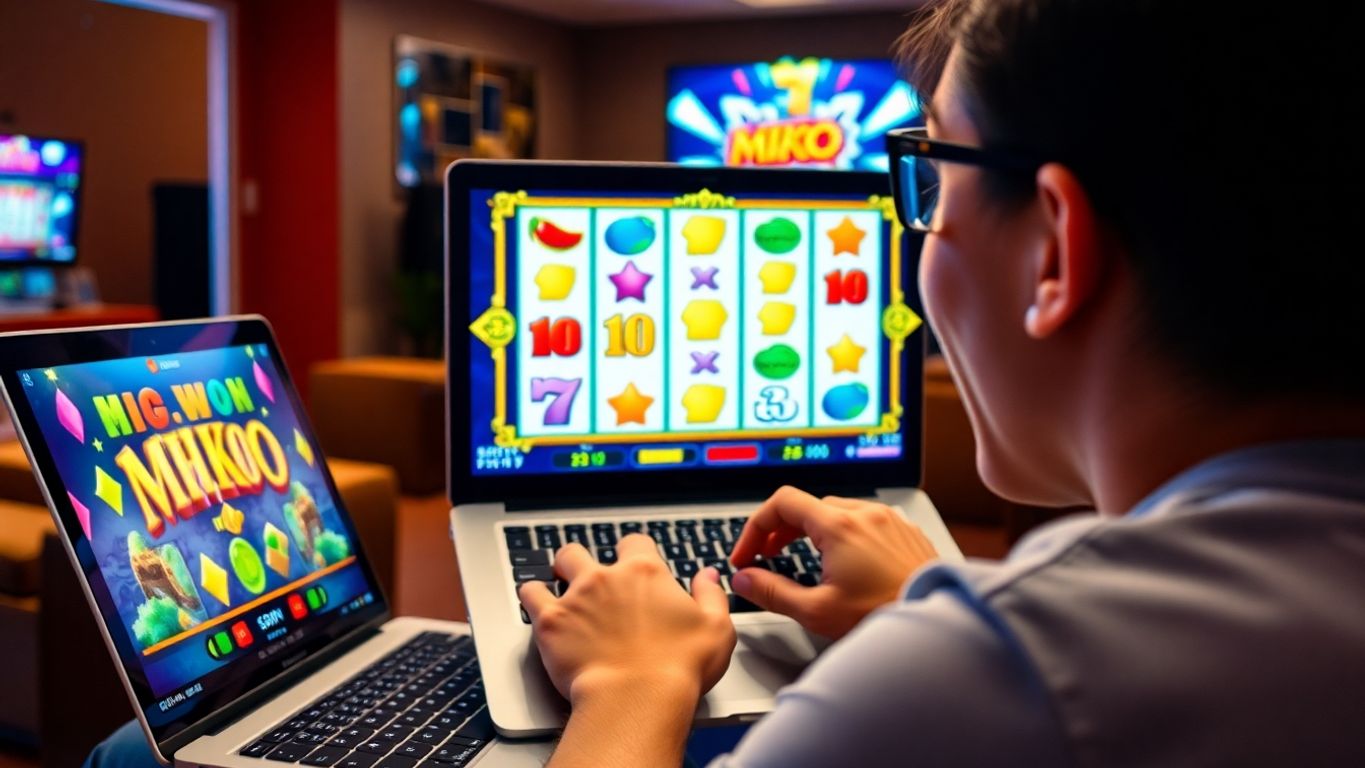 Person playing MKO online slot on a laptop.