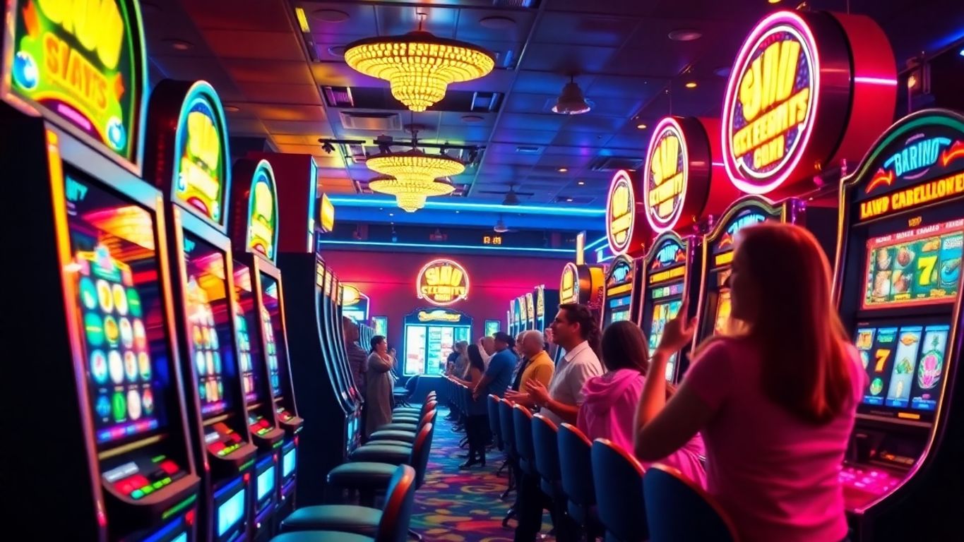 Casino scene with vibrant slot machines and excited players.