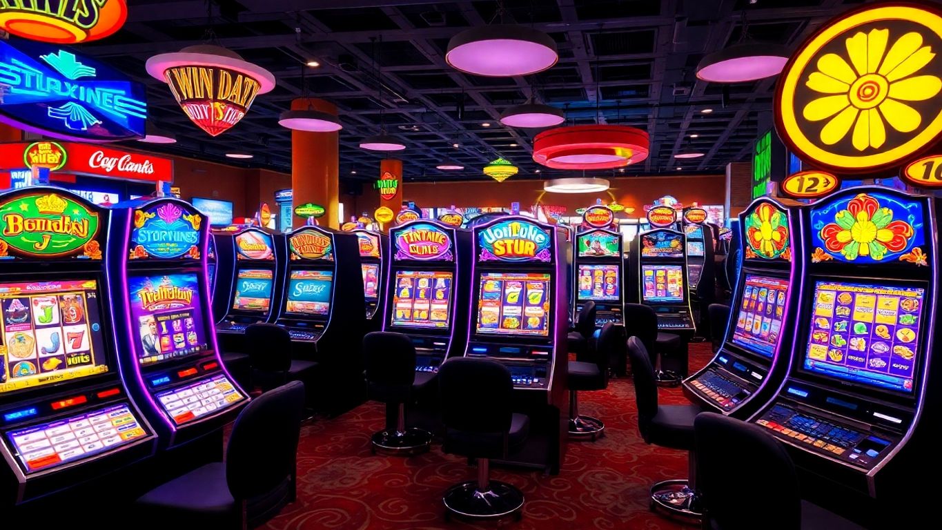 Colorful slot machines in a lively casino setting.