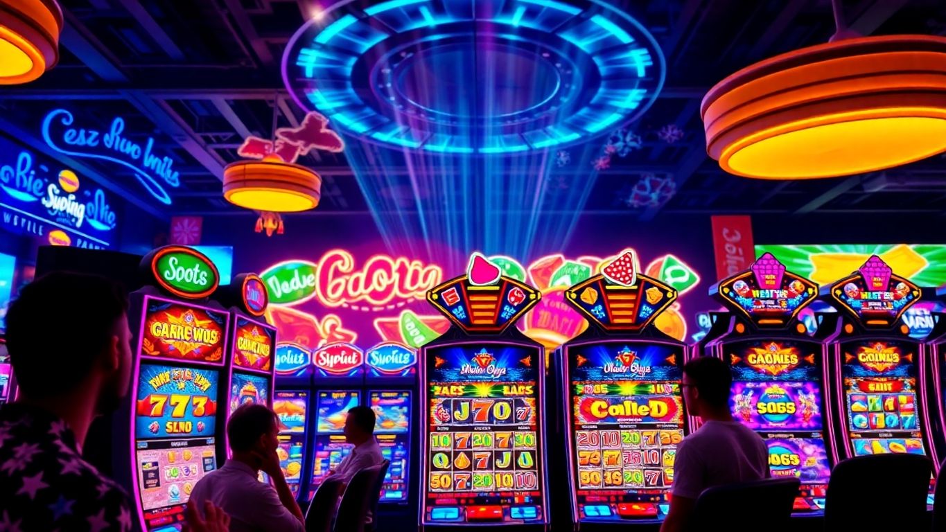 Colorful slot machines in an online casino setting.