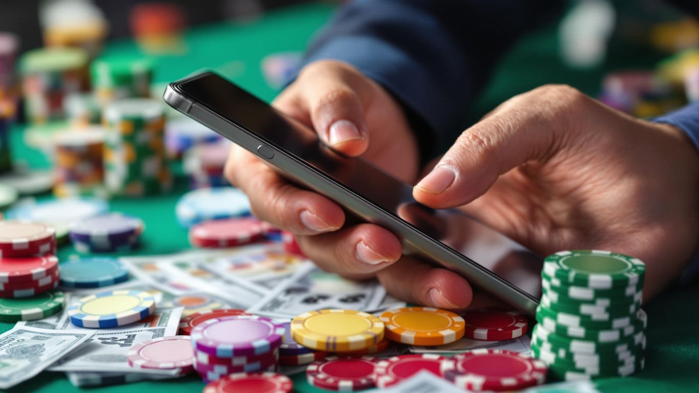 Hand with smartphone and casino chips in a safe setting.