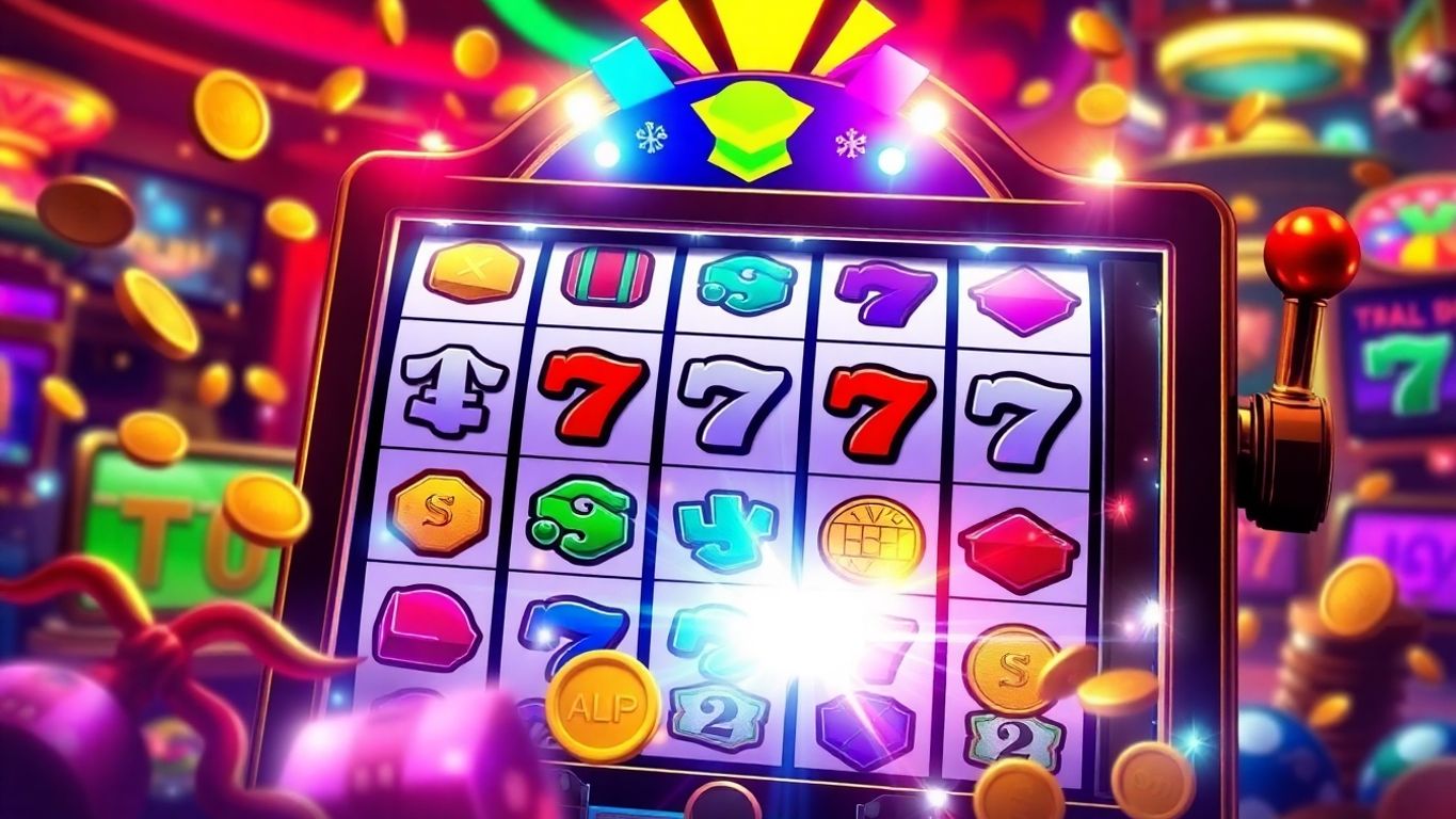 Colorful slot machine with coins and bright lights.