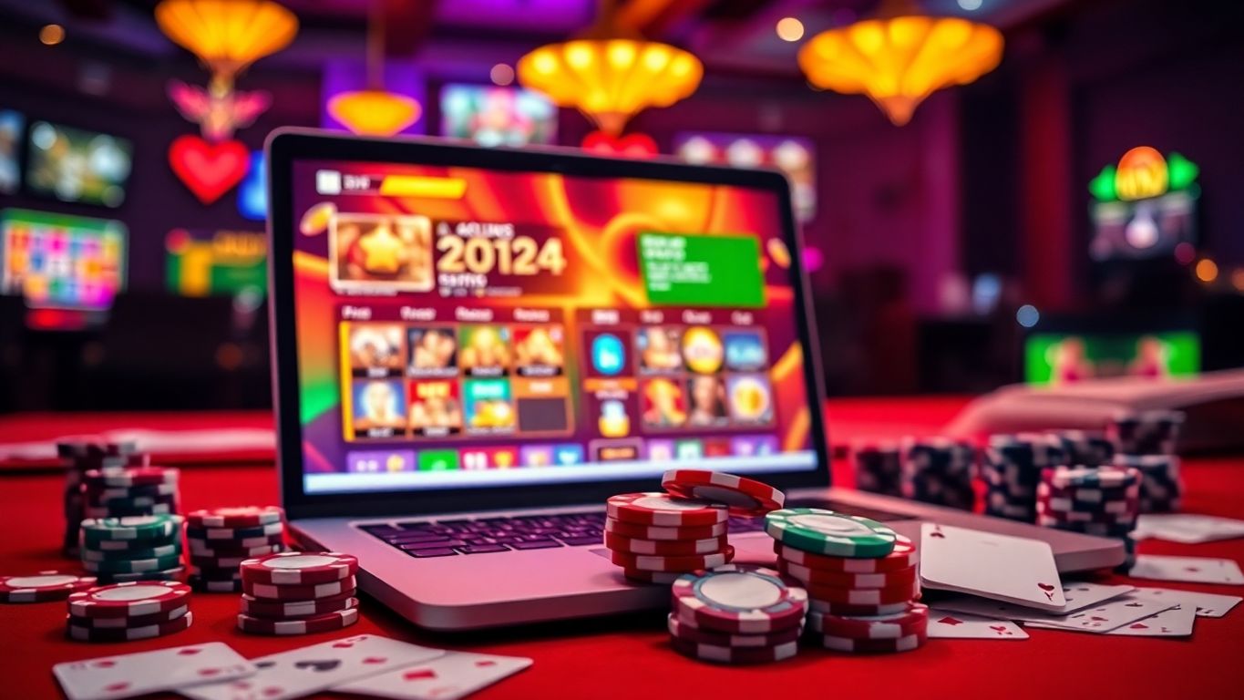 Lively online casino setup with laptop, chips, and cards.