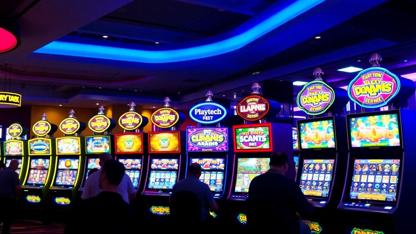 Colorful Playtech slot machines in a lively casino setting.