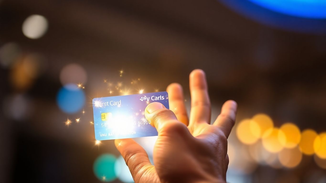 Hand reaching for a glowing credit card with sparkles.