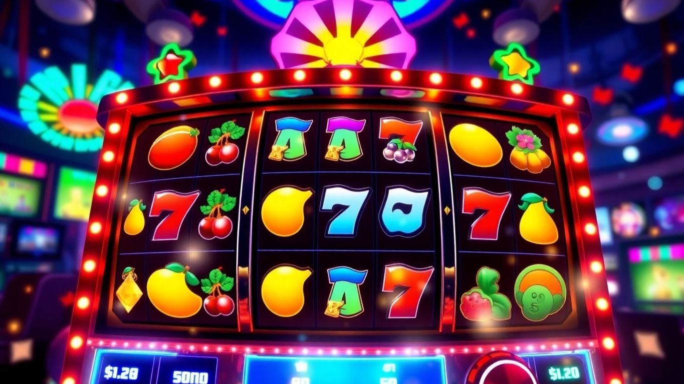 Colorful slot machine with fruits and lucky symbols.