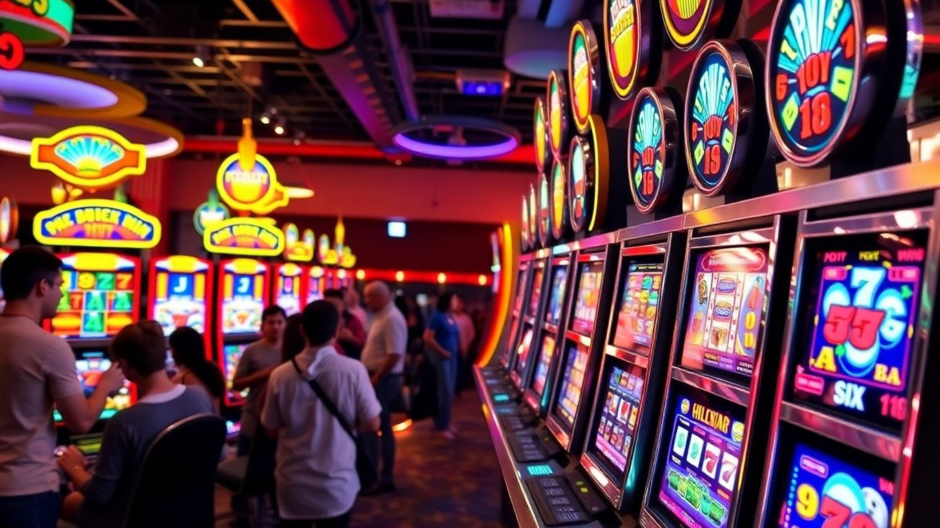 Exciting casino scene with colorful slot machines and players.