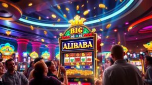 Colorful casino scene with Alibaba slot machine and players.