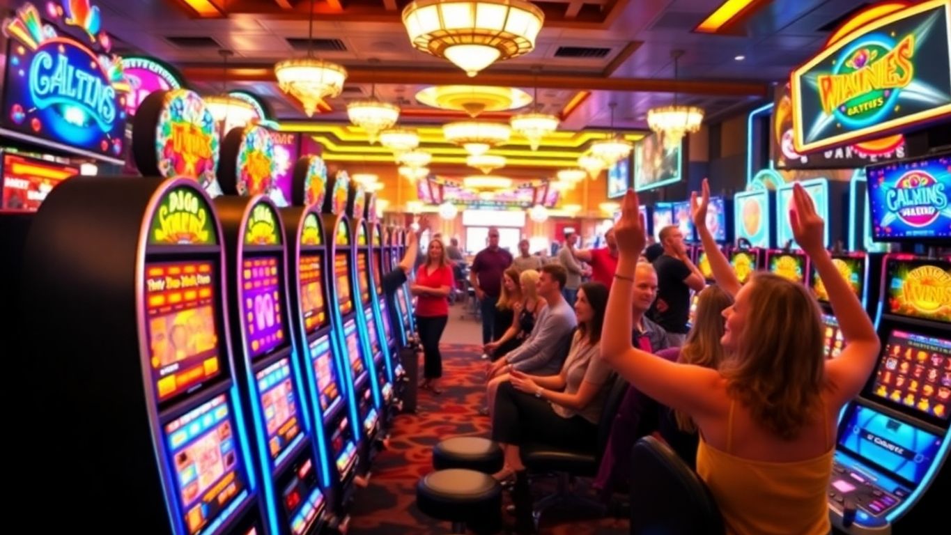 Vibrant casino with colorful slot machines and excited players.