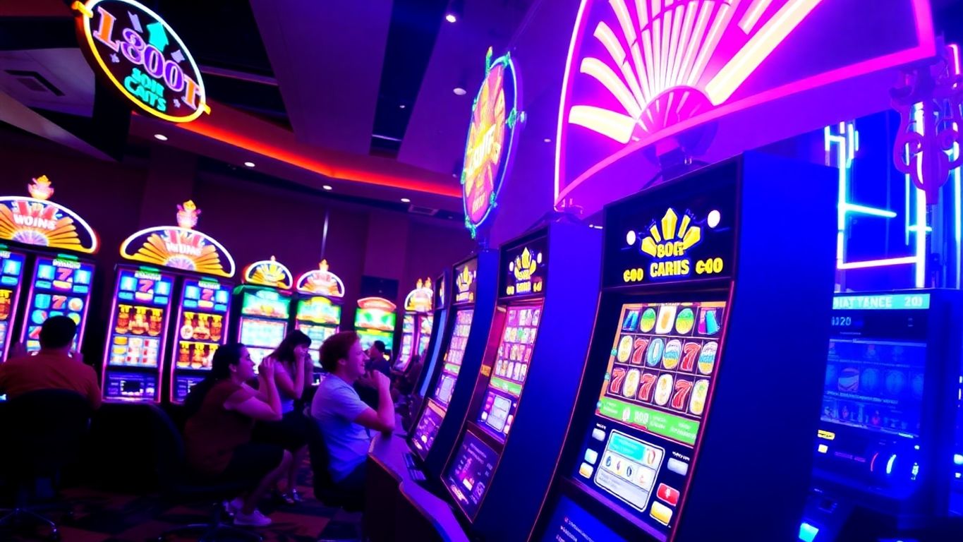 Colorful slot machines with spinning reels in Manchester.