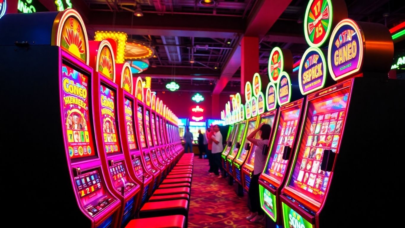 Colorful slot machines in an energetic casino environment.