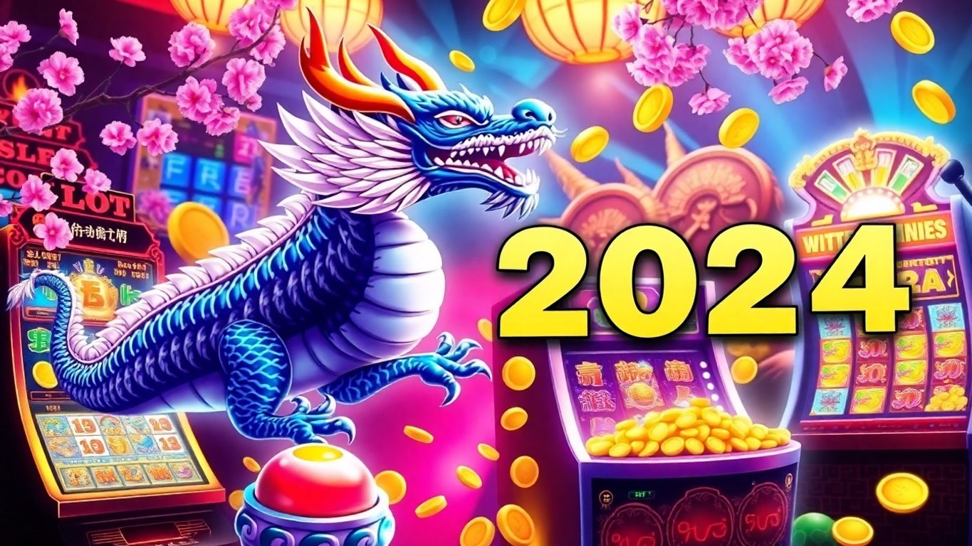 Colorful Asian-themed slot machines with dragons and coins.