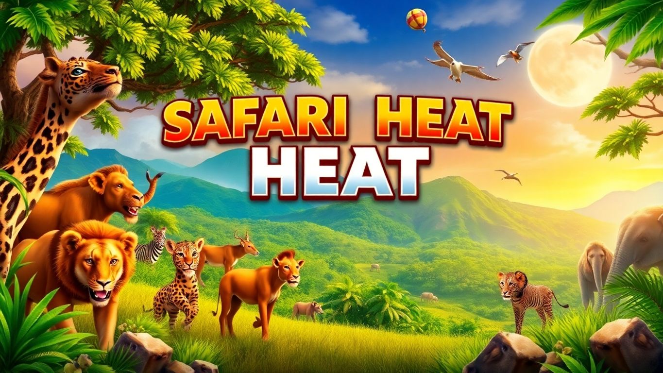 Colorful safari scene with exotic animals and landscapes.