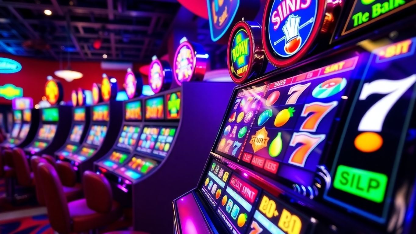 Colorful slot machines in a lively casino environment.