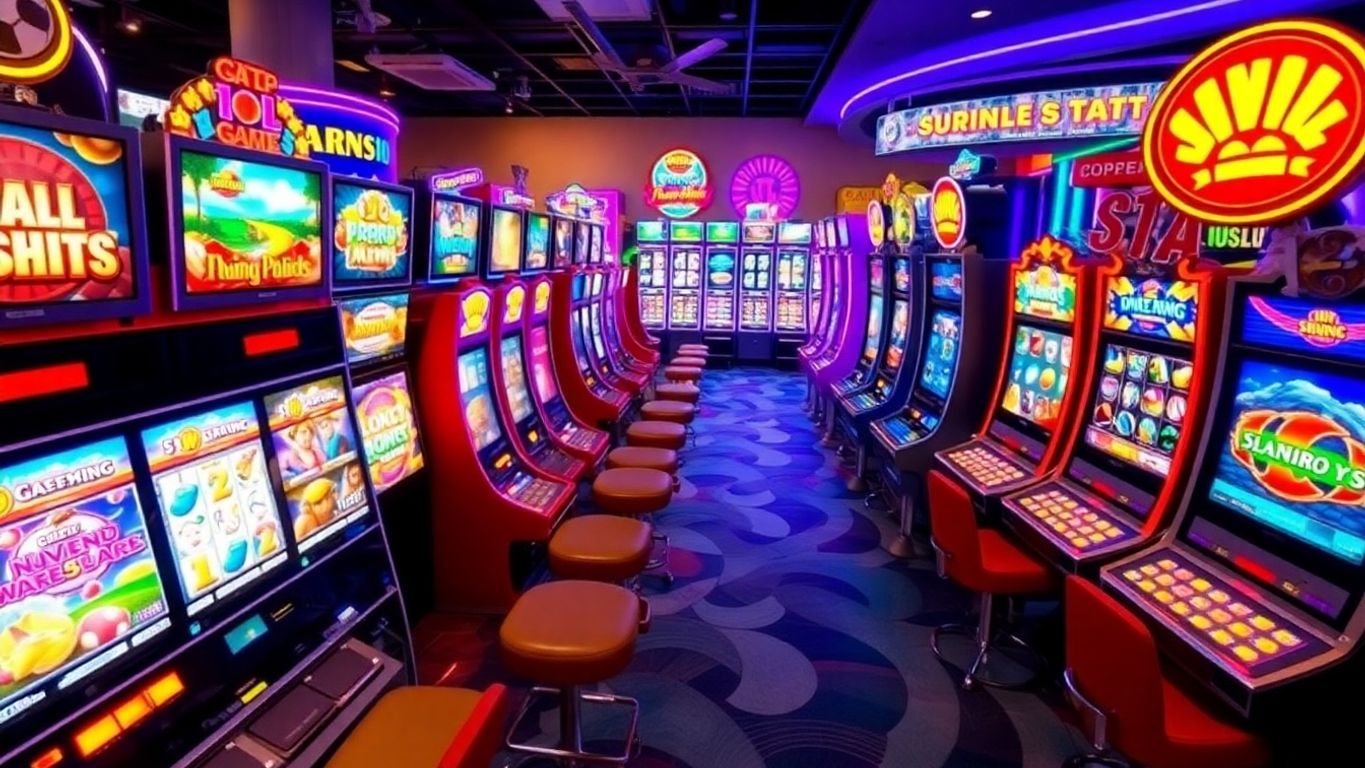 Colorful RTP slot machines in a Malaysian casino scene.