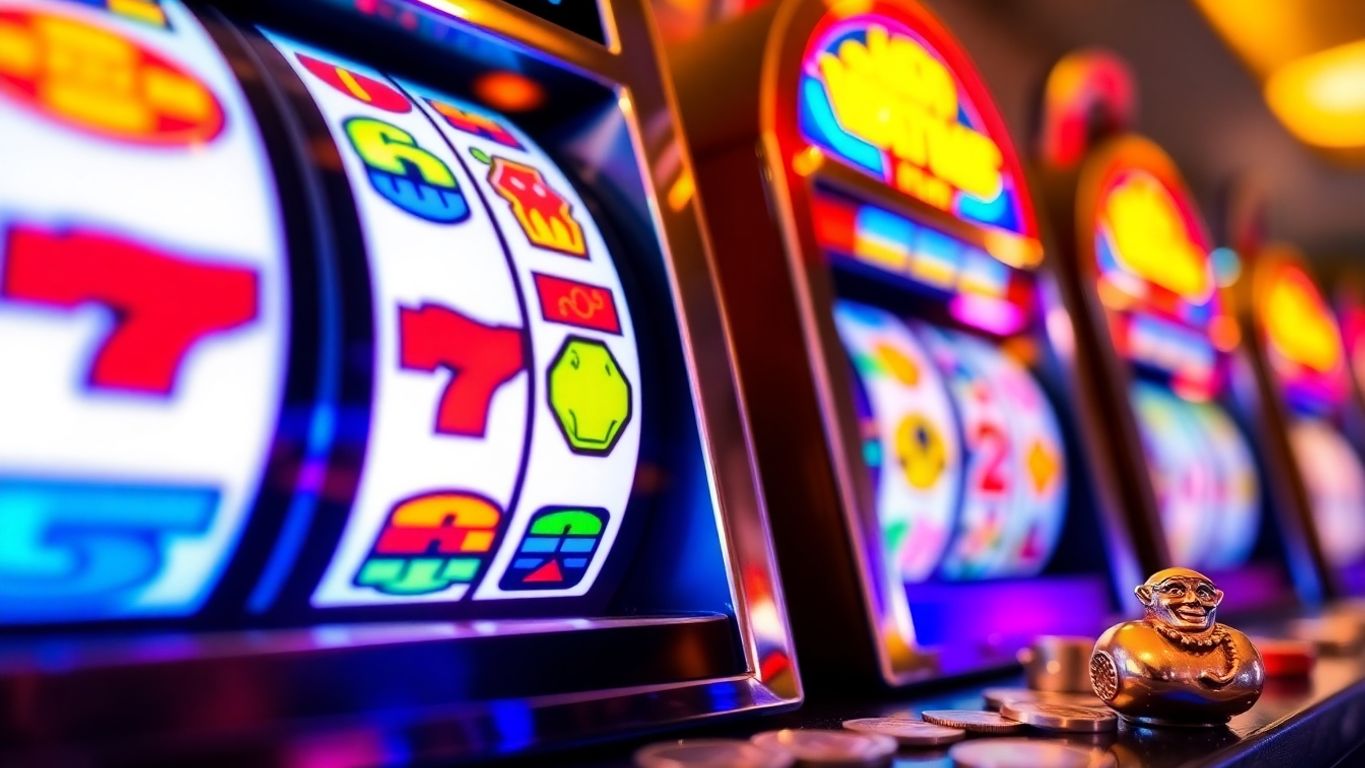 Colorful slot machine with bright lights and spinning reels.