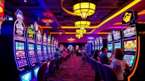 Exciting casino floor with colorful slot machines and players.