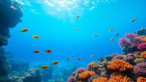 Colorful underwater scene with fish and coral reefs.