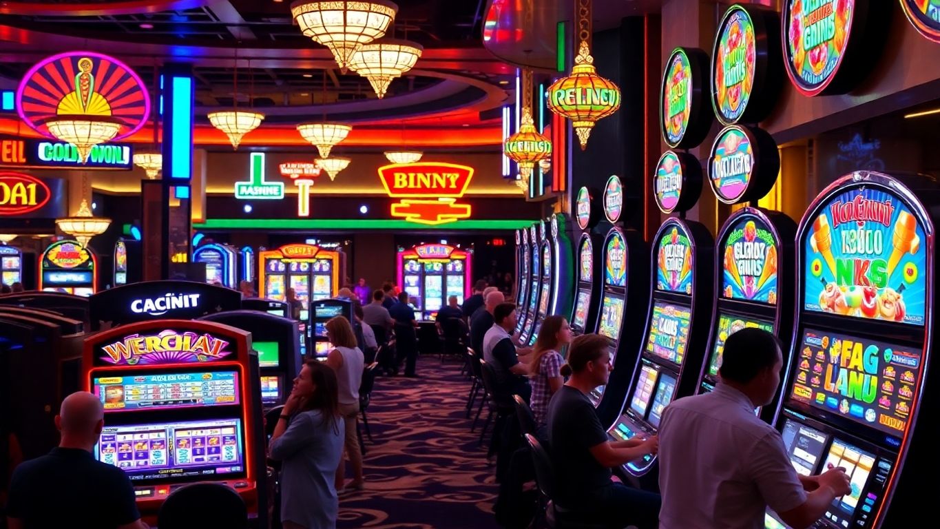 Colorful money slot machines in a lively casino.