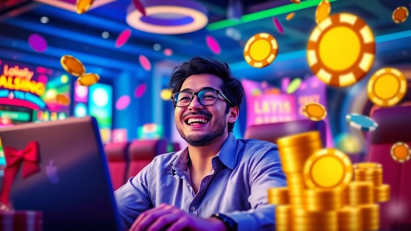 Player enjoying online casino with colorful gaming elements.