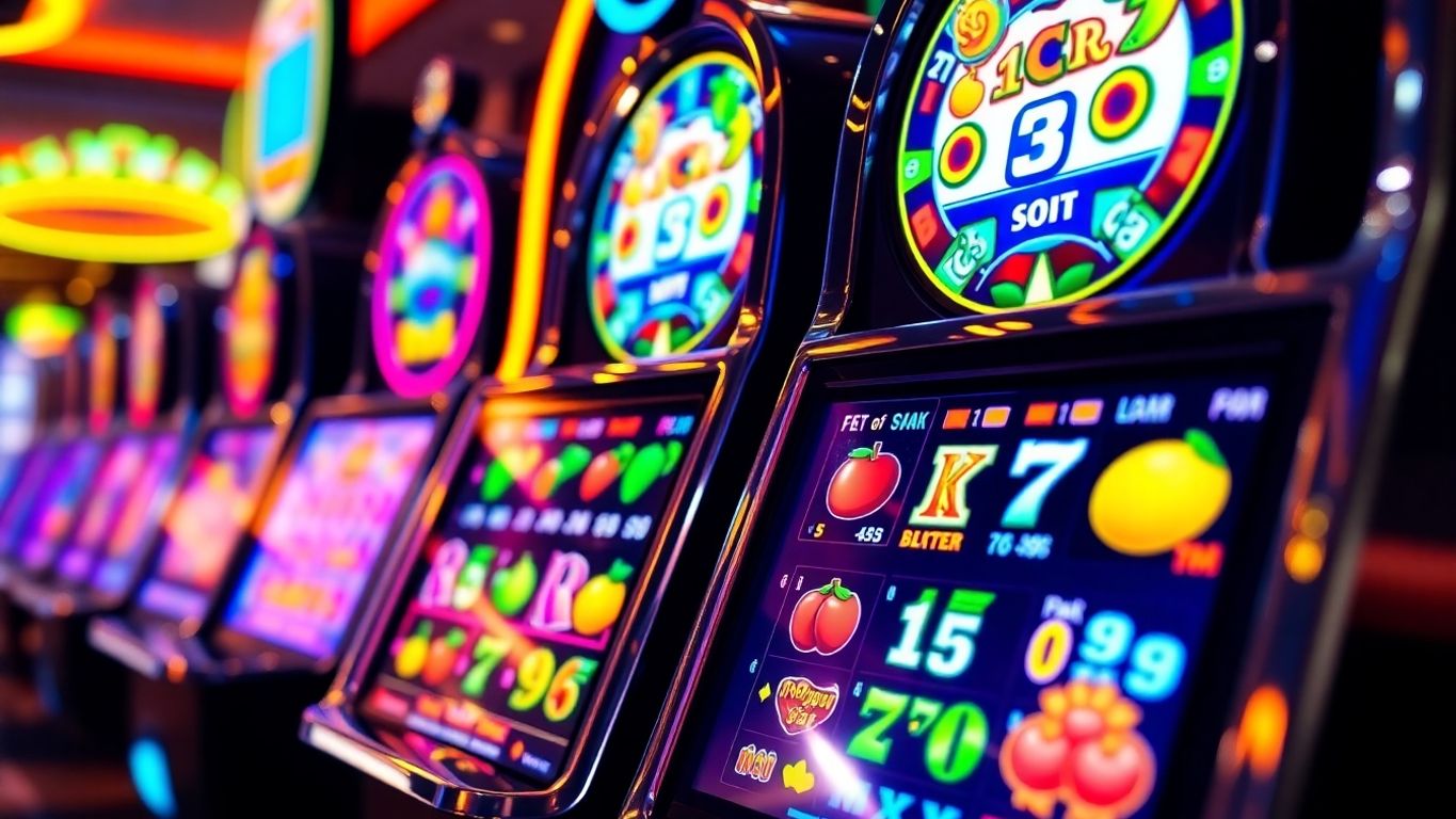 Casino slot machines with colorful spinning reels and lights.